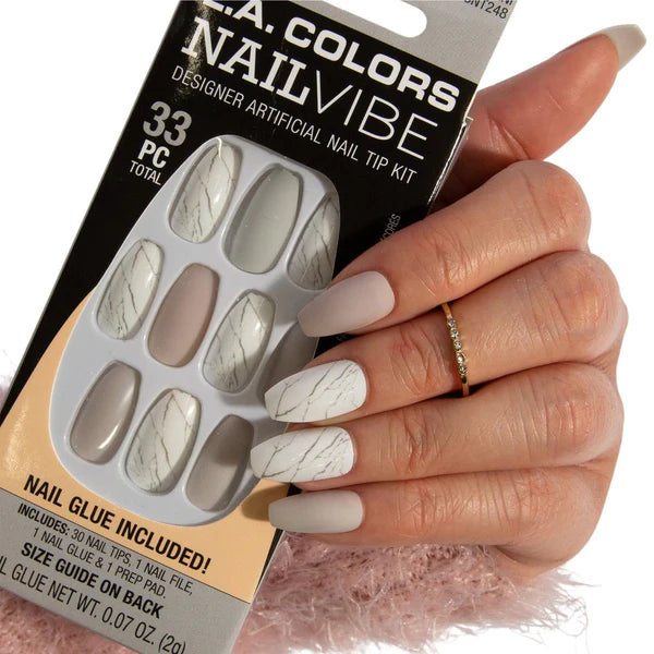 L.A. COLORS NAILVIBE DESIGNER ARTIFICIAL NAIL TIP KIT MARBLE-OUS MANI 33PC